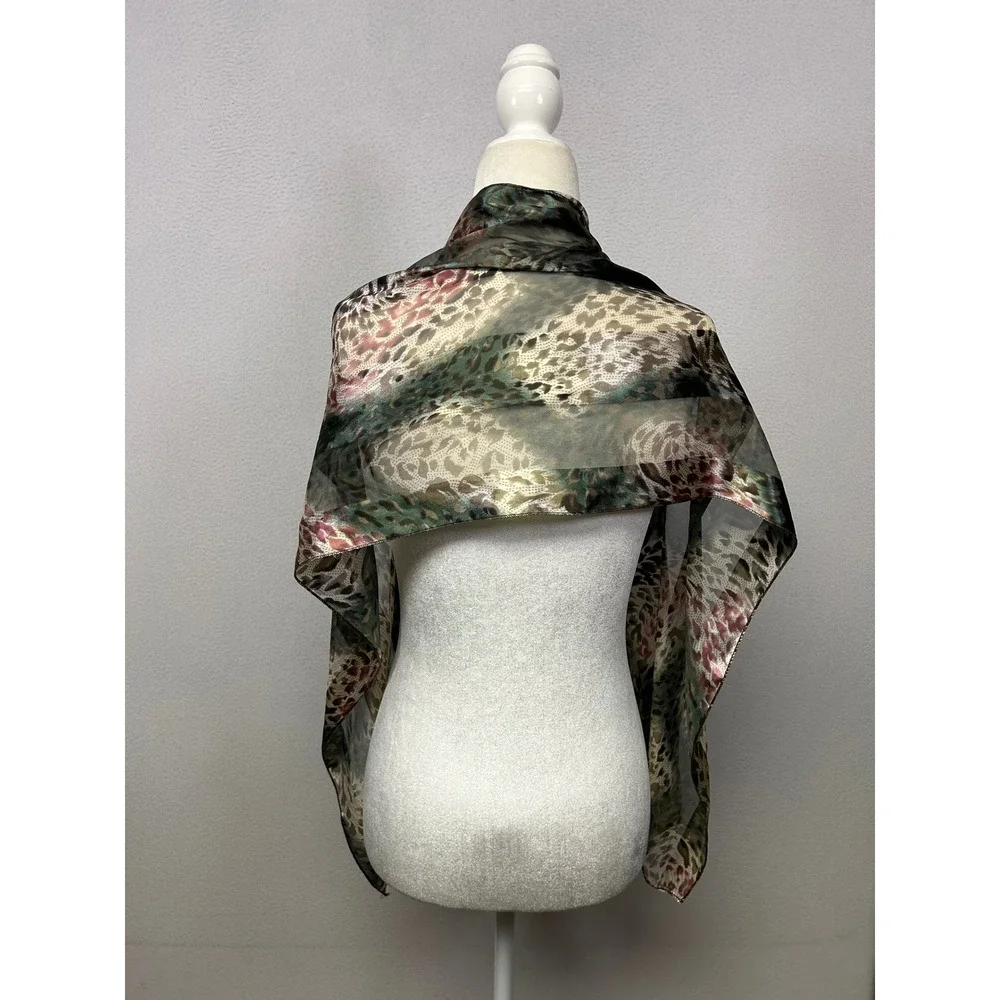 Boho Chic Animal Print Womens OS Green Brown Sheer Rectangular Scarf